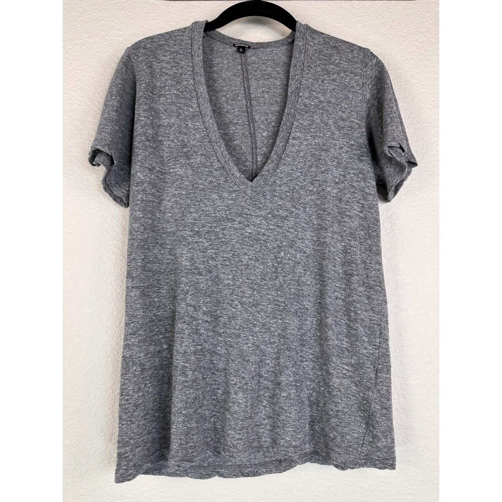 Monrow Gray Deep V Neck Tee Women's Small NWT Flawed Heather Short Sleeve USA
